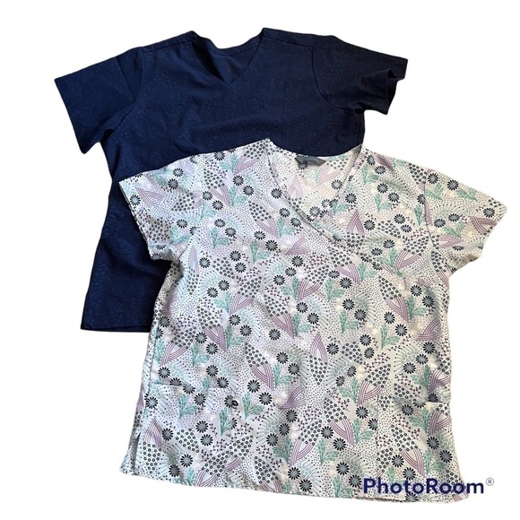 2 medical scrub tops, XL, blue animal print Jockey, white print Serene Uniforms - Picture 1 of 10